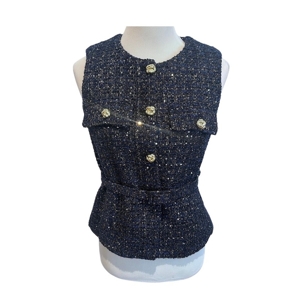 Women's Navy Tweed Sleeveless Jacket with Gold Buttons